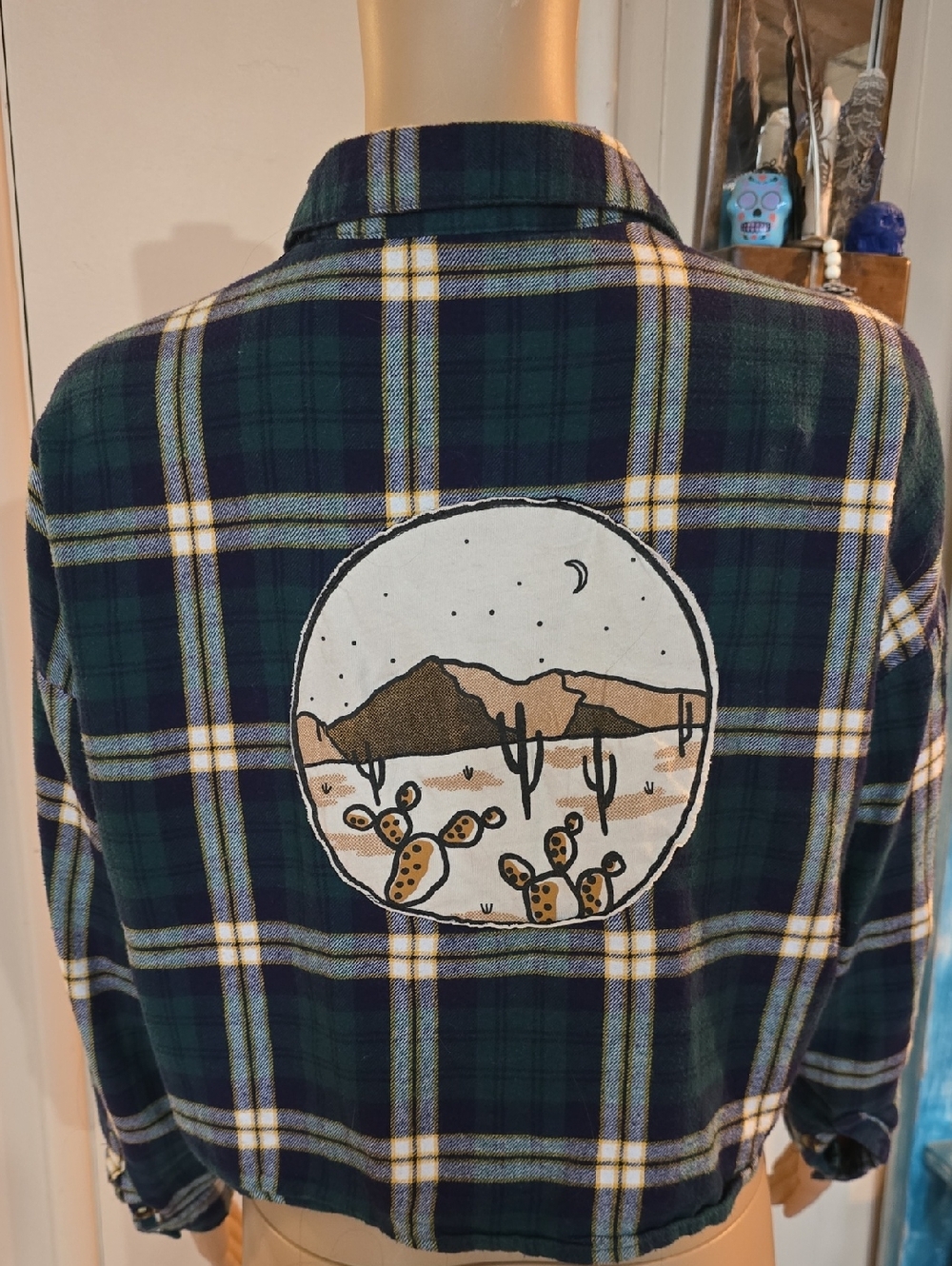 Upcycled Green & Navy Plaid Crop Flannel Jacket with Desert Patch